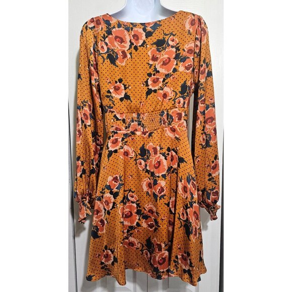 Free People Morning Light Floral Print Ruched Mini Dress Long Sleeve Gold 8 NWT - Picture 5 of 10